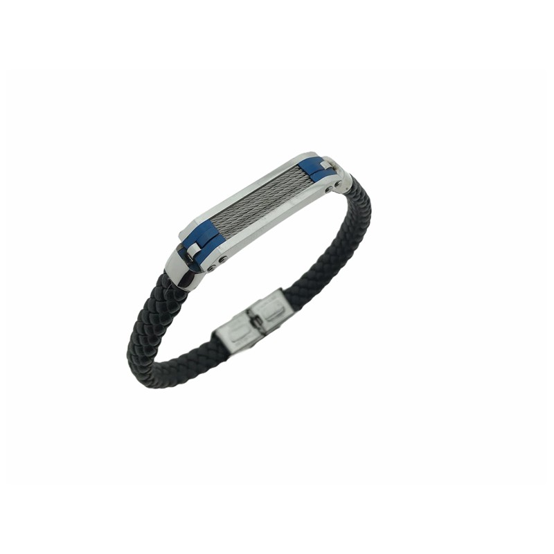 Pulsera Acero Lingote hilos azul Cuero negro