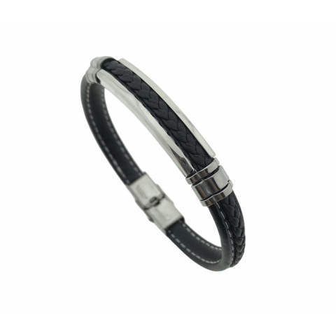 Pulsera Acero cuero negro