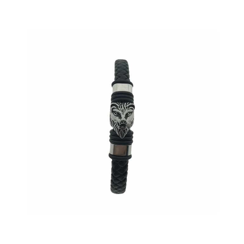 Pulsera Acero Lobo Cuero negro